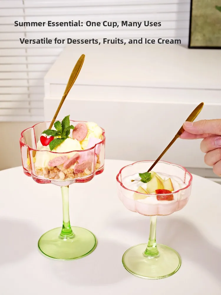 Breakfast Glass Cup High Footed Ice Cream Bowl Milkshake Bowl Yogurt Oats Ins Style  Printed Single Layer Cylinder Cup