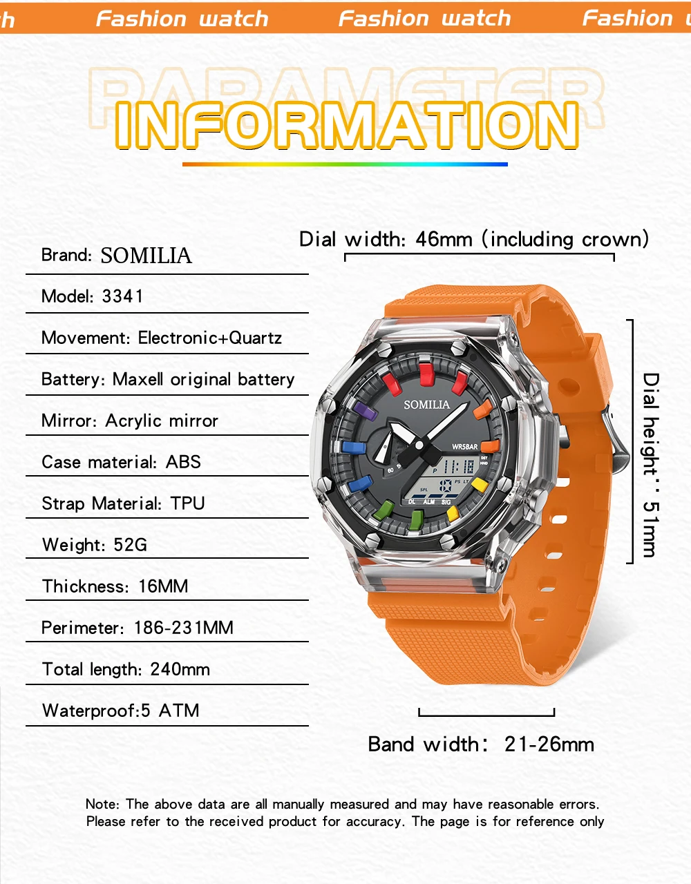 SOMILIA-S3341 Montre électronique étanche pour homme, chronomètre à compte à rebours numérique, lumière LED, style