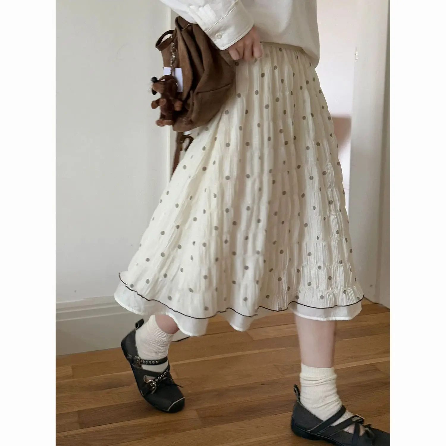 Korean Fashion Kawaii Polka Dot Crinkled Texture Midi Skirt Spring Summer Sweet Cute A-Line Ruffled Apricot Long Skirt for Women
