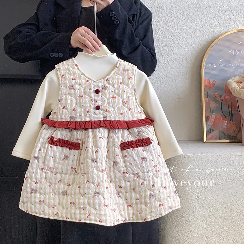 

Зимнее милое милое стильное мягкое платье без рукавов для девочек с рубашкой на флисовой подкладке, комплект из двух предметов