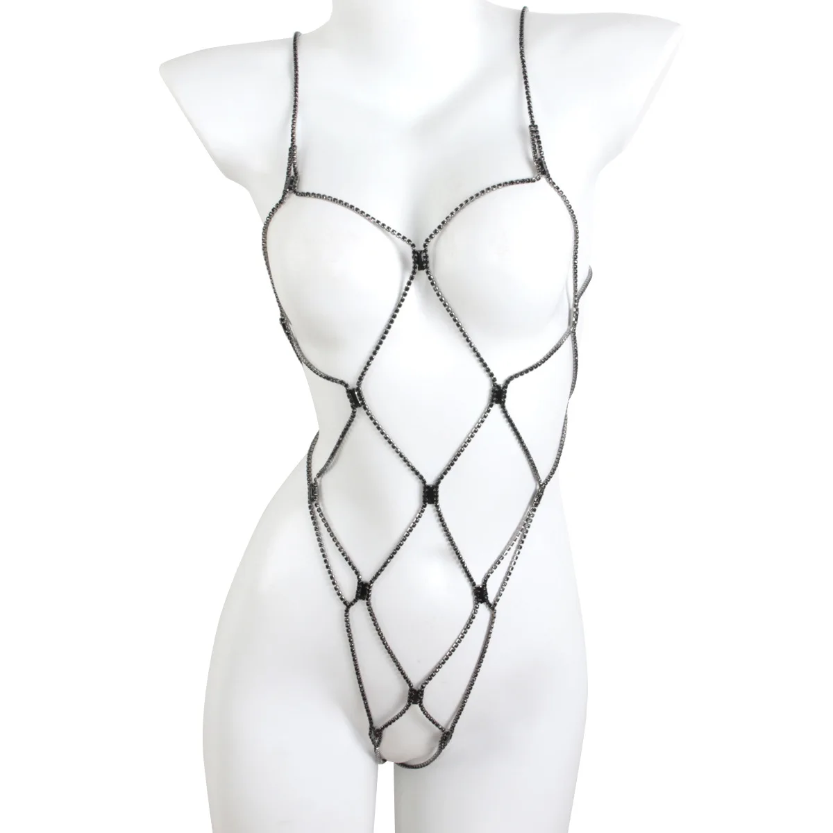 Rhinestone Body Cage Chain Iridescent Gem Mesh Harness Jewelry Sexy Festival Clubwear Swimsuit Accessory For Women Party