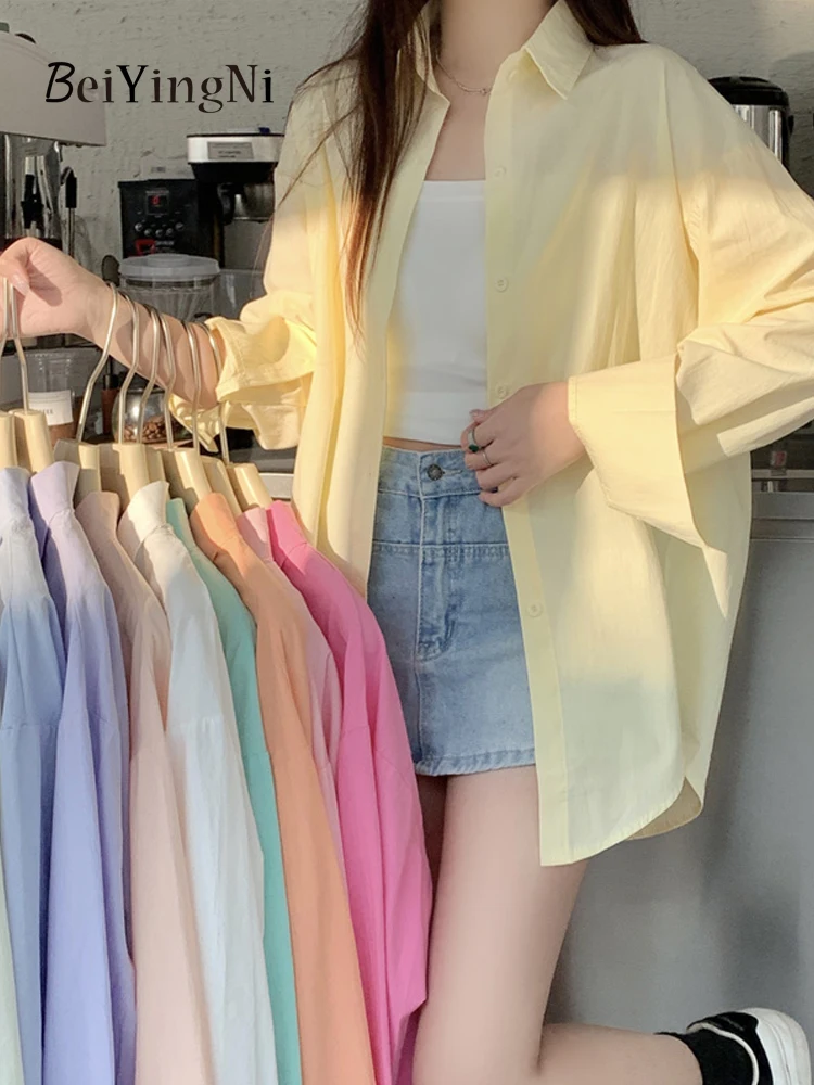 Beiyingni Korean Simple Plain Long Sleeve Shirts And Blouses Women Thin Casual Loose Harajuku Tops Female White French Blusas