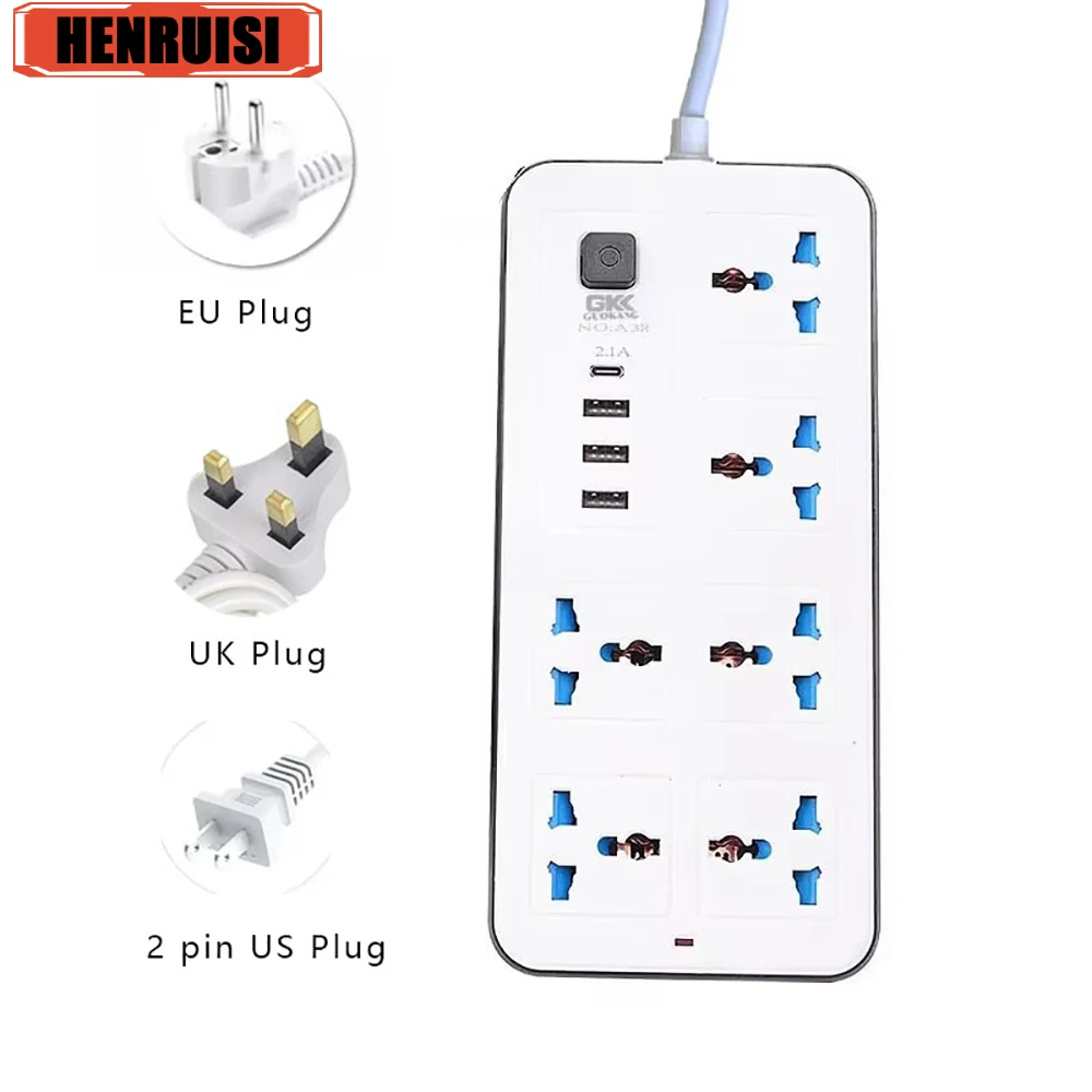 Power Multi Tap Universal Outlet Power Strip with 2m Extension Cord AC Type C USB Ports Charge Electrical Socket EU US UK Plug