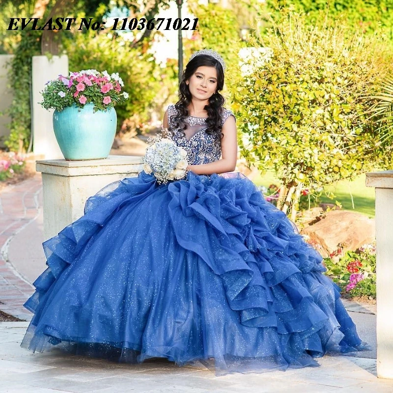 EVLAST personalizado azul marino vestido para quinceañeras vestido De baile apliques con cuentas volantes De cristal dulce 16 Vestidos De 15 Anos SQ541