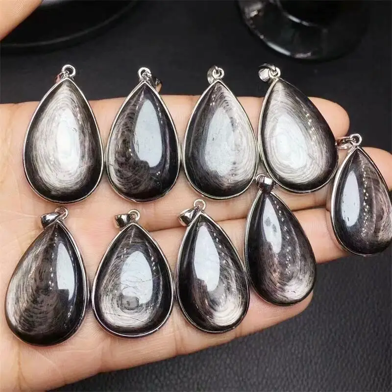 S925 Natural Hypersthene Teardrop Pendant DIY Necklace Bracelet Children Reiki Healing Fengshui Jewelry Gifts 32MM