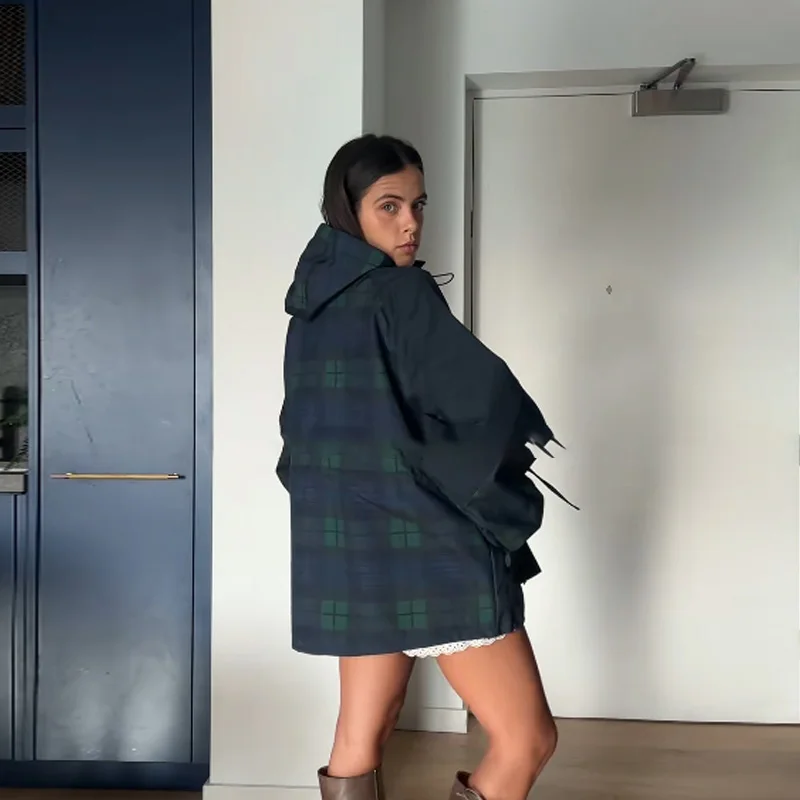 

Retro Trendy Plaid Jacket Loose Casual Chic Designer Coat Stand-collar Hoodie Autumn Outerwear Women's Street Wear