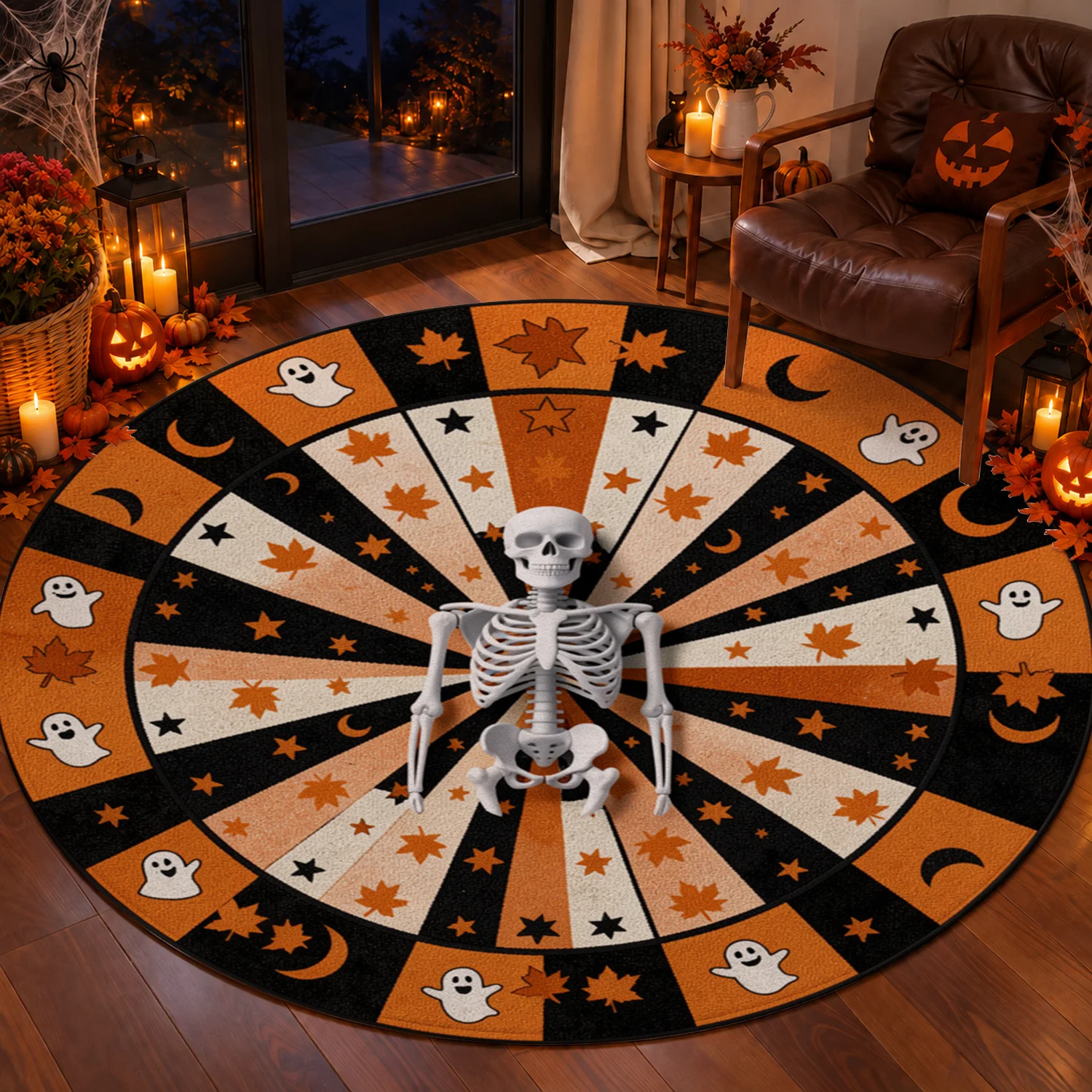 Halloween Themed Skeleton Ghost Star Moon Maple Pattern Round Velvet Rug Machine Washable Entryway Living Room Bedroom Halloween Thanksgiving Christmas New Year