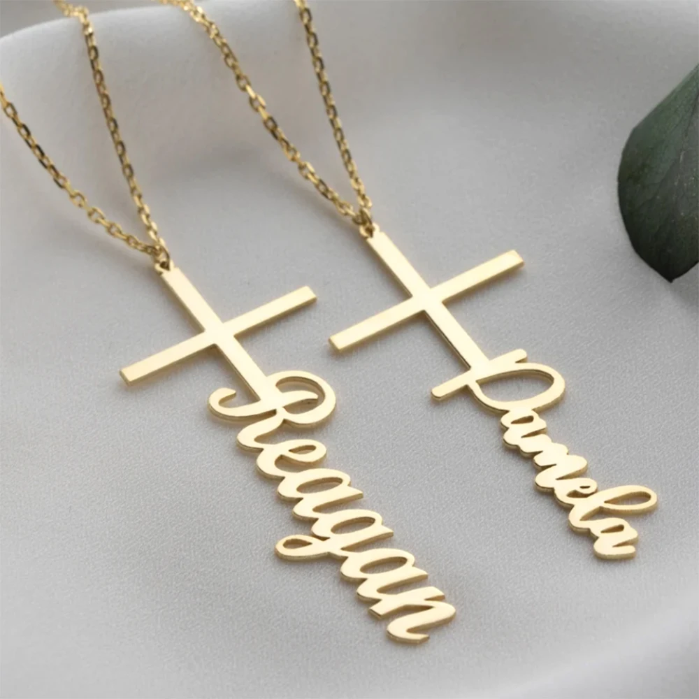 

Personalized Customized Name Cross Necklace, Engraved With Your Lucky Charm, Letter Pendant Stainless Steel Jewelry.