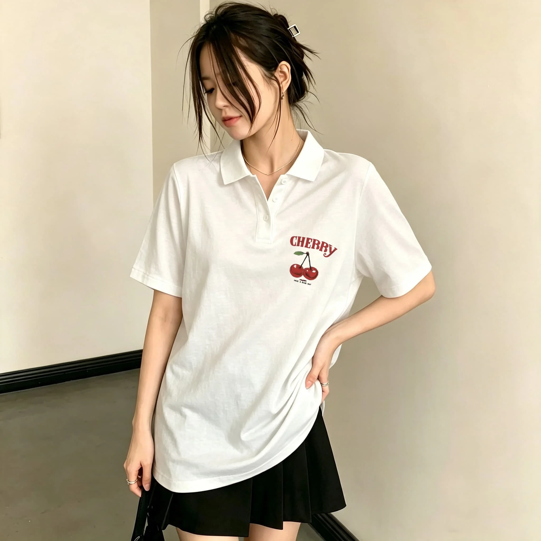 Unisex Black Lapel Collar Polo Shirt Retro Red Cherry Fruit Letter Graphic Short Sleeve Loose Soft Breathable Summer Daily Casual Basic Top