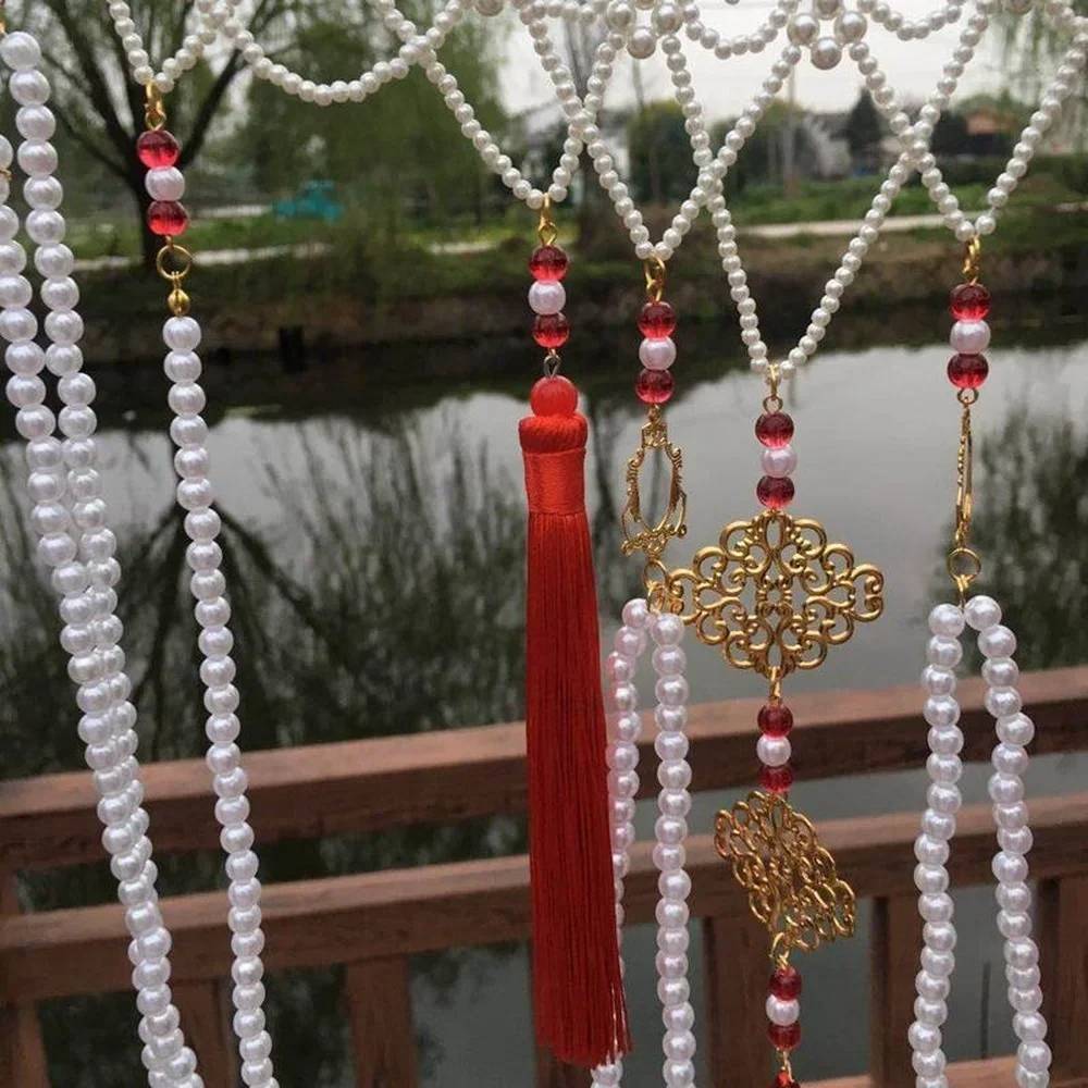 Joyería antigua, disfraz antiguo Hanfu, cadena de cintura larga, cintura blanca perla, estilo Tang, cuello sin mangas, falda de cintura, accesorios para mujer