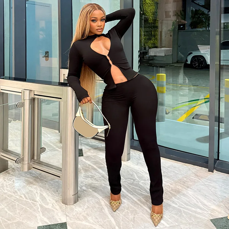 أنيق سيدة هوك مشبك 2 قطعة مجموعة المرأة طويلة الأكمام الجوف خارج المحاصيل بلوزات وبانت الدعاوى 2025 الخريف مثير نادي رياضي رياضية