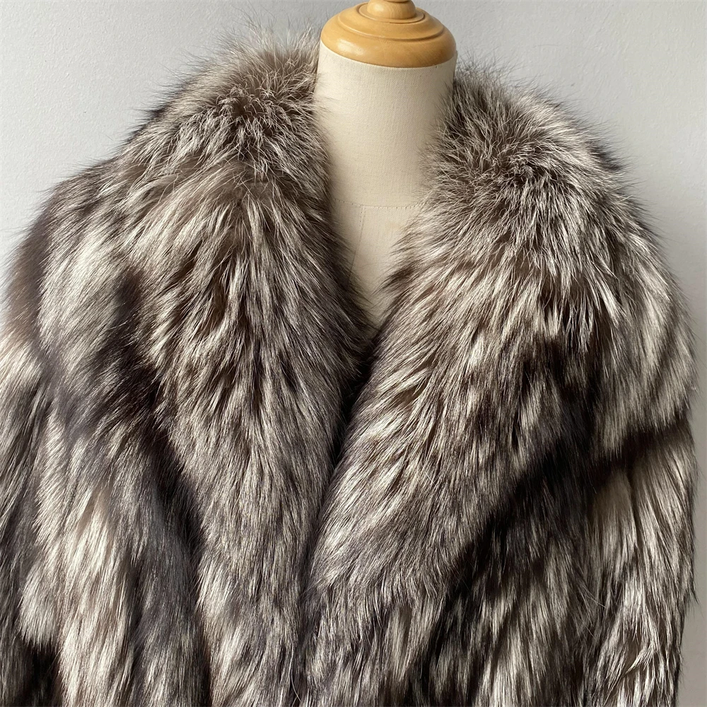Jaxmonoy Real Fox Fur Coat for Women Luxury Design Natural Silver Fox Fur Coat Ladies Warm Winter Jacket 2025 New in Outerwear