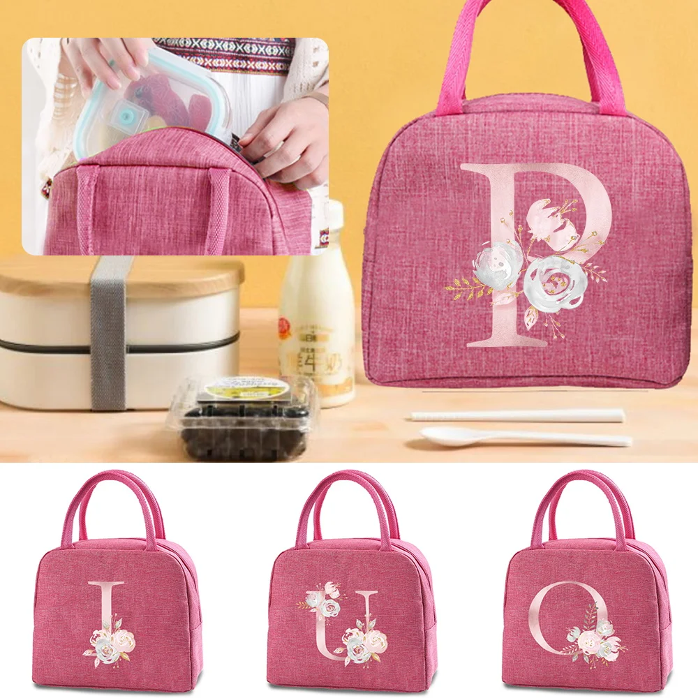 Portable Lunch Bag Thermal Insulated Lunch Box Tote Pink Flower Letter Print Cooler Bento Pouch Food Container Storage Handbag