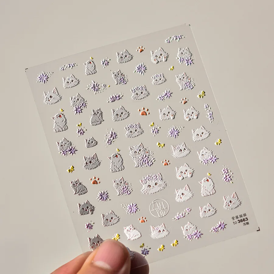 

1 Sheet Wisteria Cat Nail Stickers Press on Nails 6D Embossed Pattern Self-Adhesive Cute Kawaii Nail Art Decals for Manicure DIY