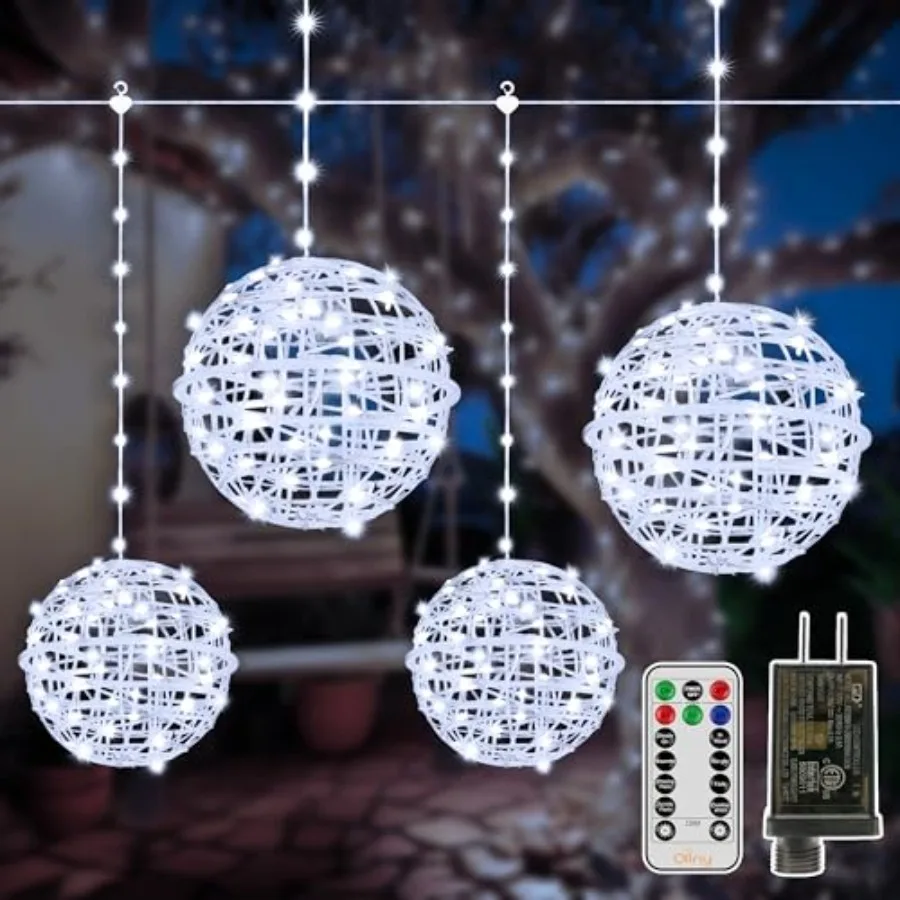 Christmas Lights Outdoor 4Pack 7.87inch Cool White 200 LED Ball Light with Plug in Remote 8 Modes IP67 Waterproof Connectable S