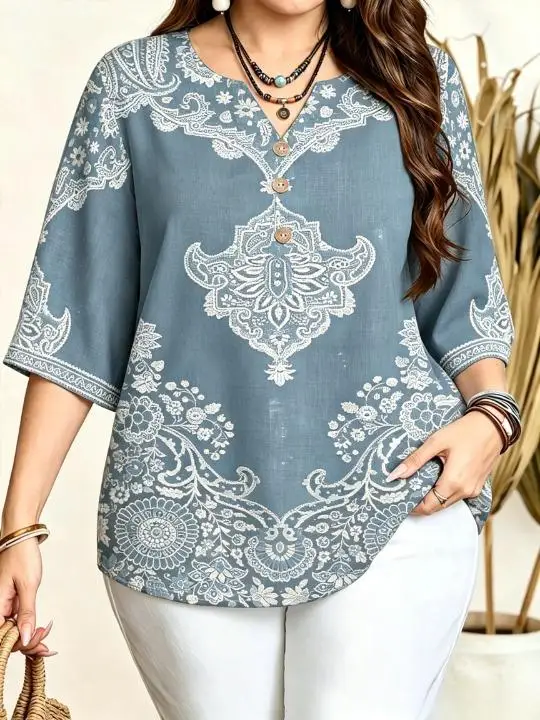 Women Vintage Ethnic Paisley Floral Print Blouse Notched Neck 3/4 Sleeve Loose Curvy Fit Casual Daily Ladies Pullover Tops