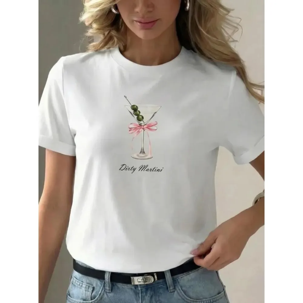 Dirty Martini Cocktail Graphic T Shirt Women Casual Short Sleeve Cute Bow Olive Glass Print Female Daily Tee Tops