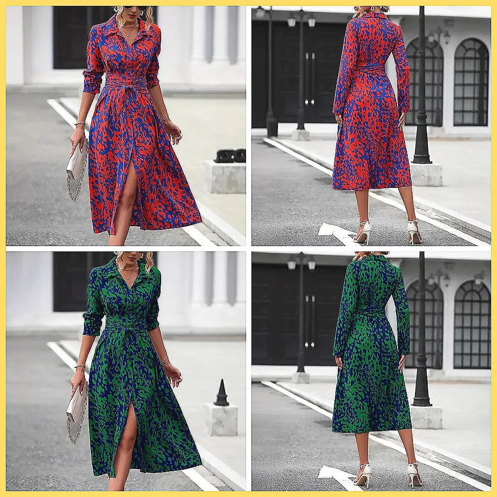 Elegante Abito Lungo da Donna 2026 con Maniche Lunghe, Colletto Allacciato e Patchwork per Feste