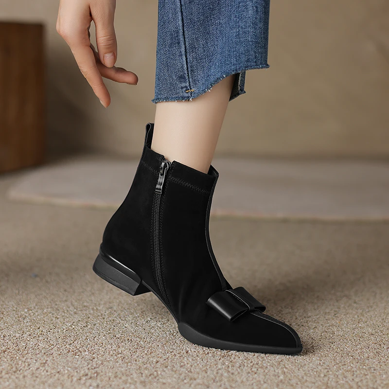 2023 new Autumn winter Women ankle boots natural leather 22-25cm sheep suede+cowhide modern boots Colored Bow chelsea boots