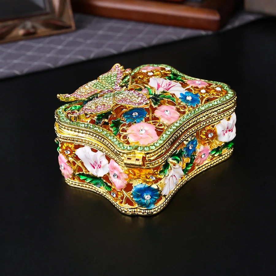 

Sparkling Rhinestone Metal Butterfly Jewelry Box with Square Standing Base for Weddings