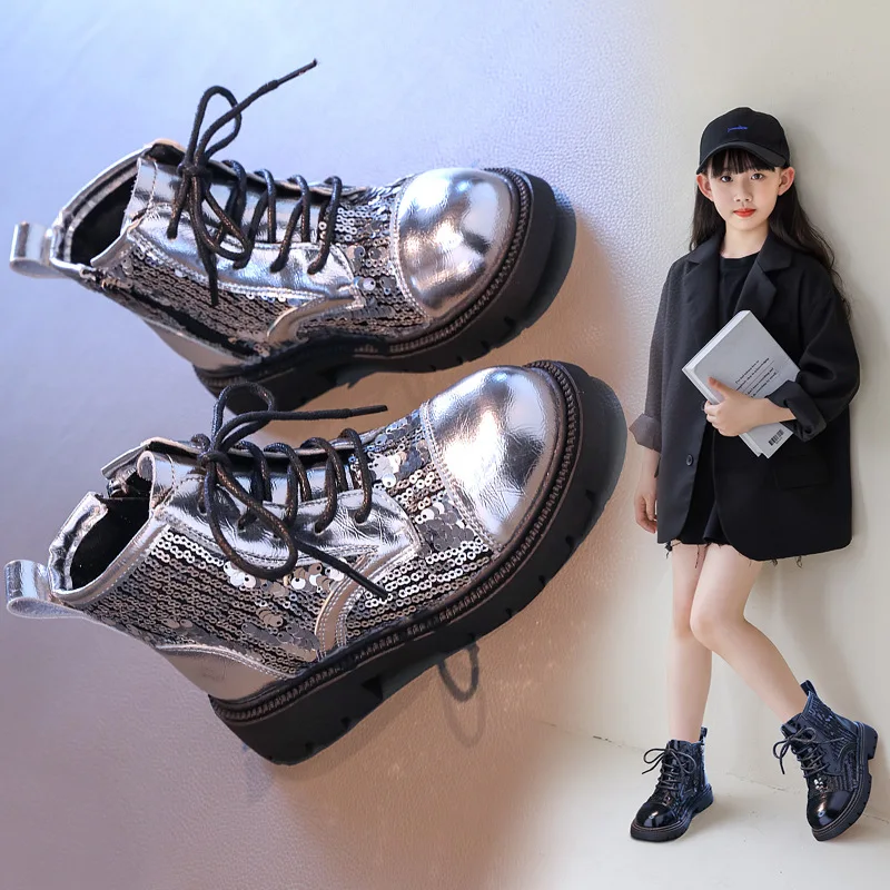 Girls Fashion Sequin Fashion Boots Children Soft Side Zipper Princess PU Leather Footwear Kids School Student Shoes