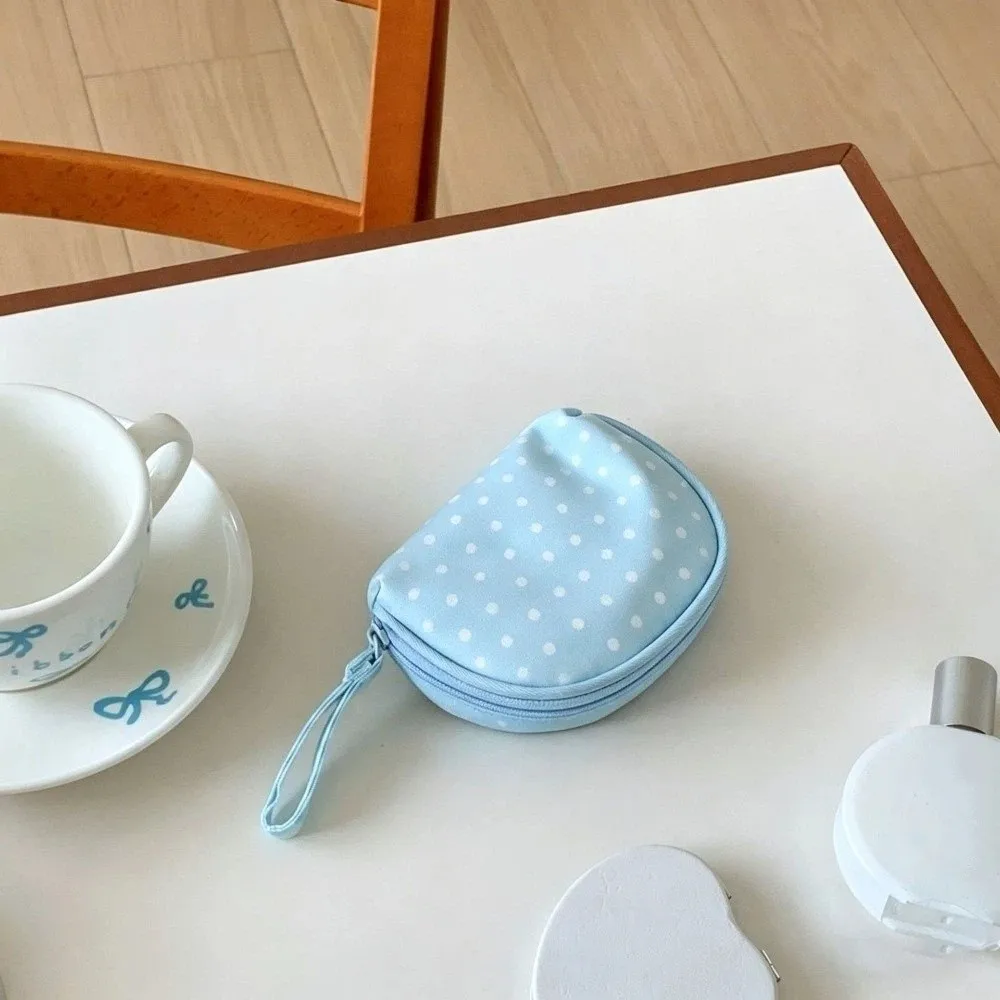 Cute Polyester Polka Dot Makeup Bag Light Blue Checkered Travel Toiletry Storage Bag Zipper Multi Size Wash Bag Daily Use