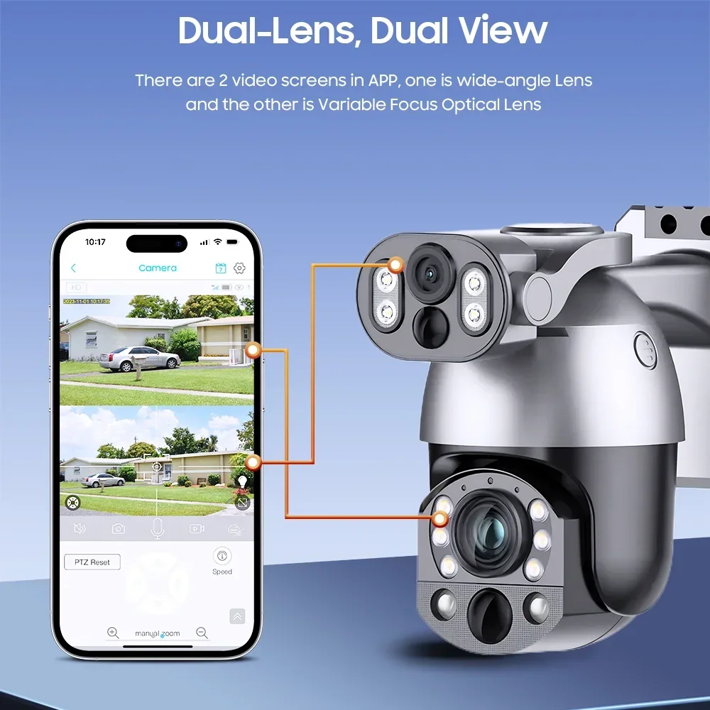 UNENTNGT Dual Lens 4K 50X ZOOM Solar Camera 4G SIM Outdoor 360° PTZ Solar WIFI Security Video CCTV Monitor Human Detection Cam