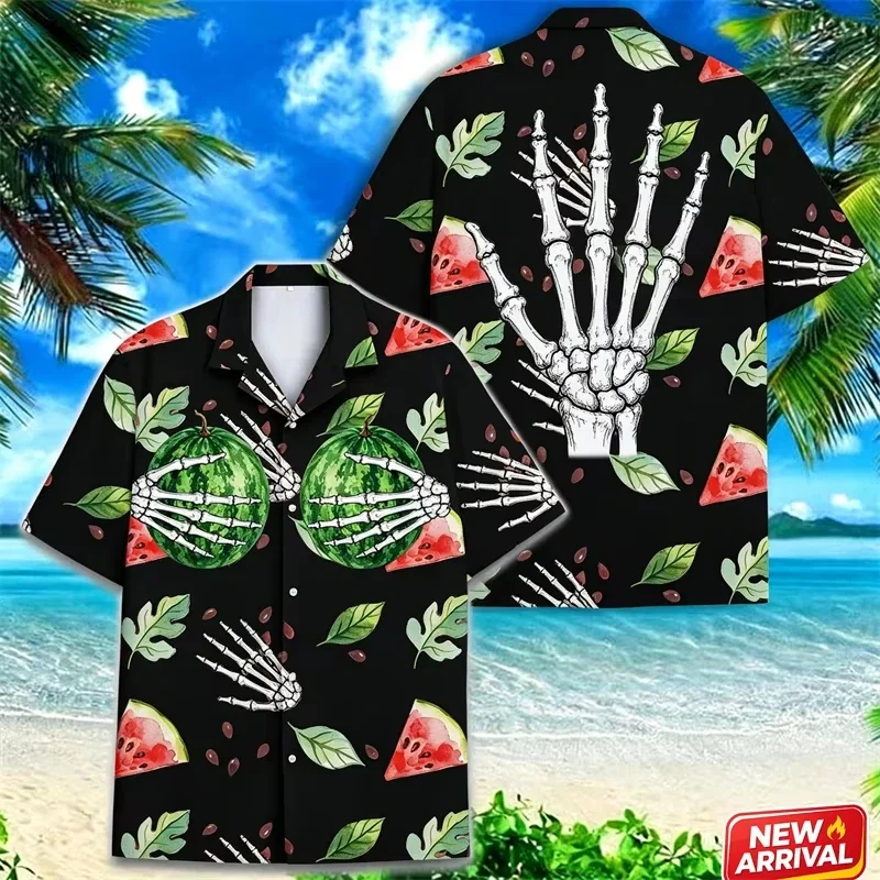Creative Watermelon Skeleton Hand Pattern Shirt Men Hawaiian 3d Printed Flower Graphic Short Sleeve Colorful Loose Button Blouse