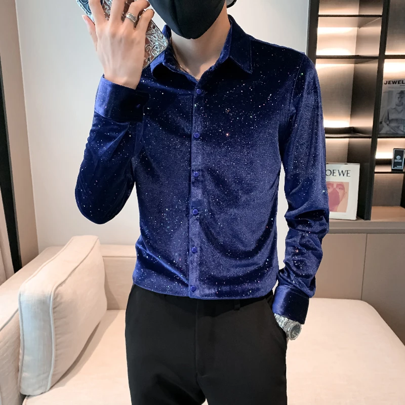 Gypsophila Sequin Print Fashion Slim Luxury Long Sleeve Shirt Men Summer High Quality Velour Smooth Comfortable Camisa Masculina