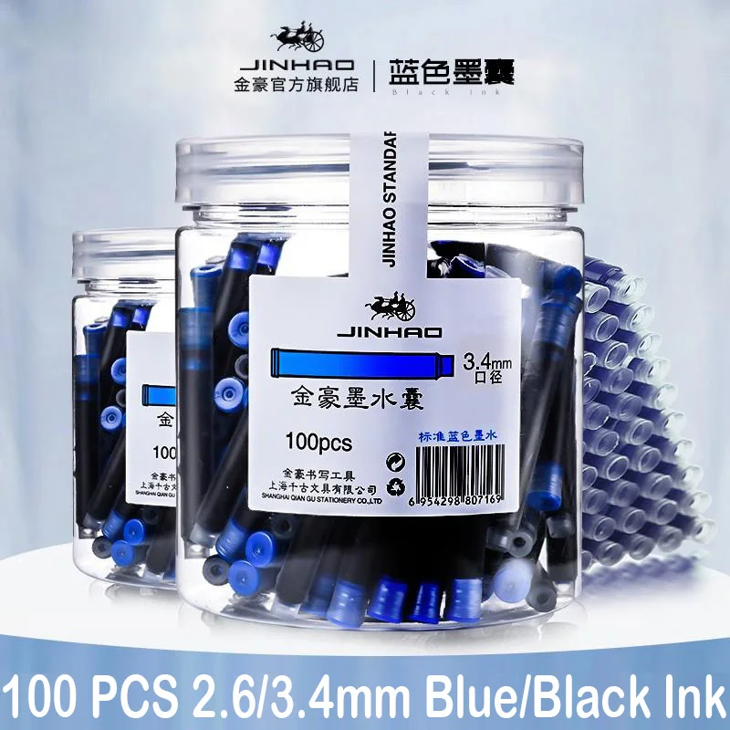 jinhao 26 mm 34 mm preto azul caneta tinteiro tinta universal cartuchos recargas material de escritorio escolar papelaria 100 pecas 01