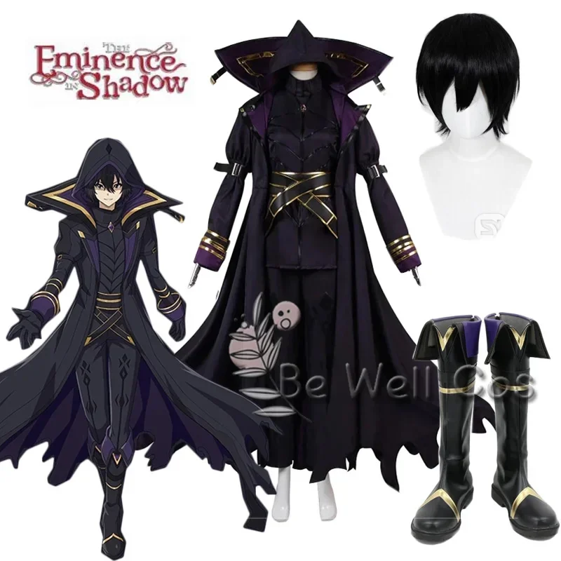 

Kagenou Cid Cosplay Costume Shoes Anime The Eminence In Shadow Minoru Kageno Black Uniform Shadow Garden Wig Cloak Belt Gloves