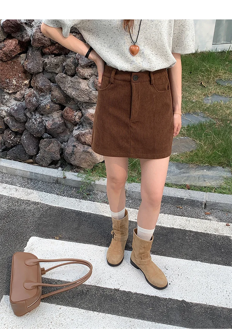 Women's High-Waist A-Line Short Skirt Spring Autumn Retro Brown Corduroy Skirts Woman Solid Color Straight Leg Pencil Skirt Mini