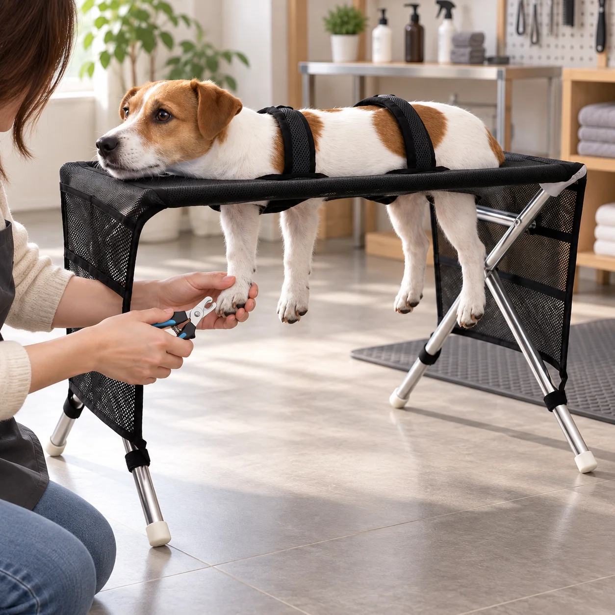 Portable Dog Grooming Hammock Stand Foldable Pet Nail Clipping Table with 4 Openings and Dual Mesh Tool Pockets
