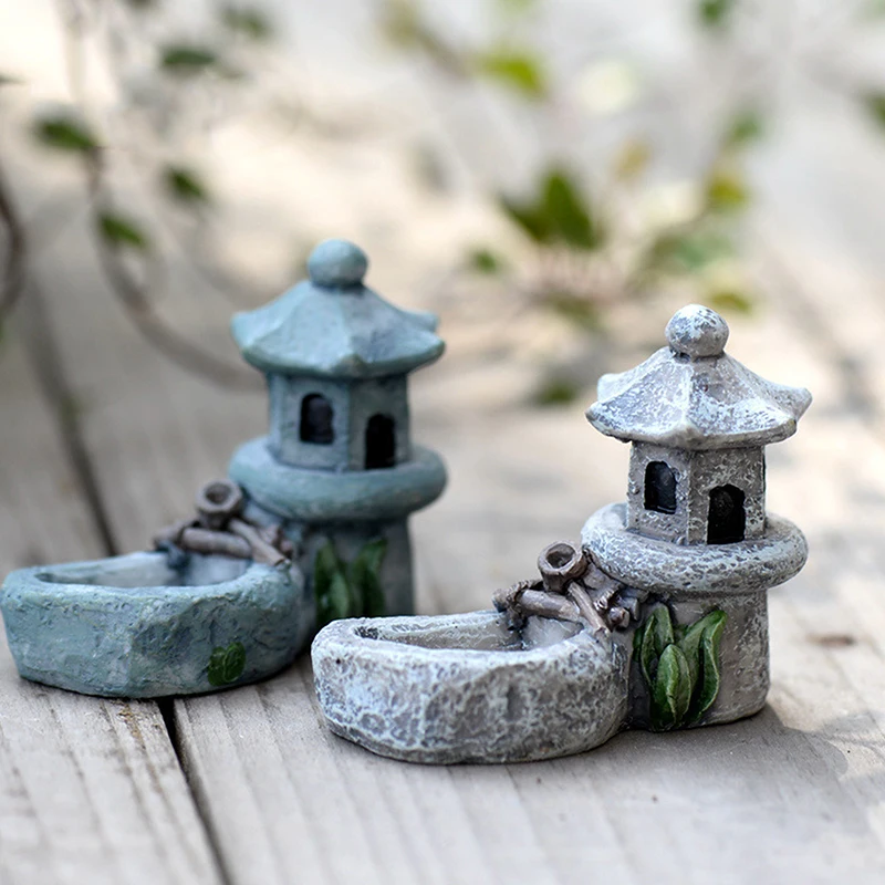 1PC Mini Retro Pond Tower Resin Craft Fairy Garden Decor Figurines Toys DIY Miniatures Terrarium Micro Landscape Home Ornaments