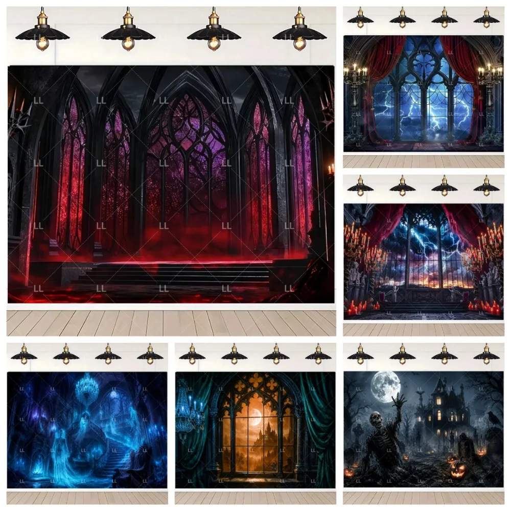Halloween Gothic Medieval Castle Themed Banner Decoration Background, Haunted House Horror Skull Decoration Photography Backdrop