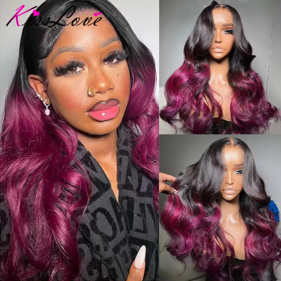 

250% Ombre Burgundy 13x4/13x6 Lace Front Wig Human Hair Body Wave HD Lace Frontal Wigs Pre Plucked Remy T1B/Burg Human Hair Wigs