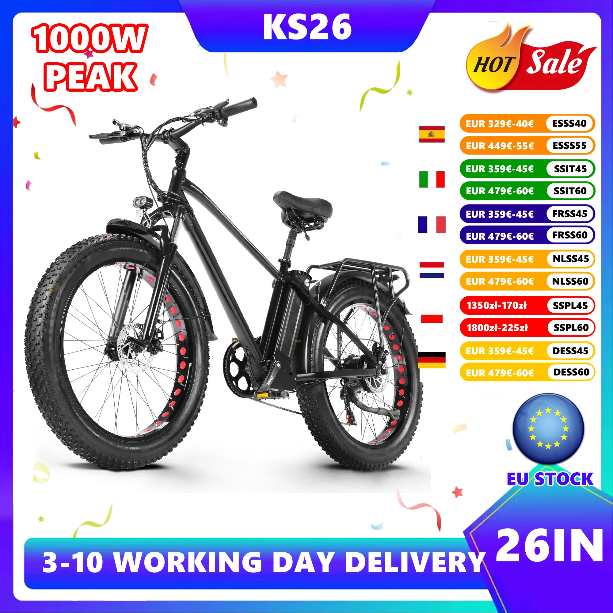 CMACEWHEEL KS26 Vélo électrique 26 pouces Gros pneu E-bike 48V/18Ah Batterie E-Mountain Bike pour femmes/hommes, 7 vitesses, portée 80 km