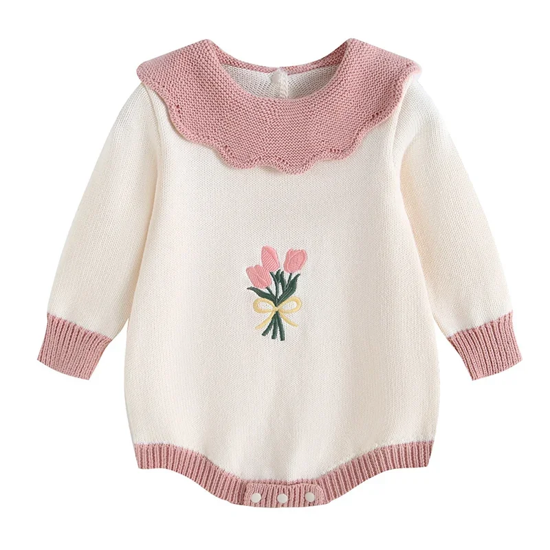 2026 neue Frühjahr 0-24 M Kleinkind Baby Mädchen Gestrickte Strampler Lange Ärmeln Floral Stickerei Infant Baby Mädchen gestrickte Overall