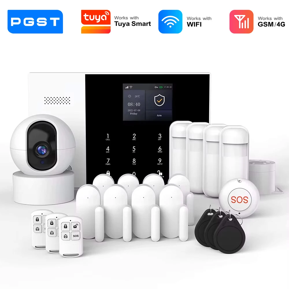 PGST dispositif de protection alarme anti vol WiFi 4G 2G GSM Works with Tuya Smart Life ensemble sécurité sans fil compatible app logement appartement capteurs détection fonctionnement intelligent