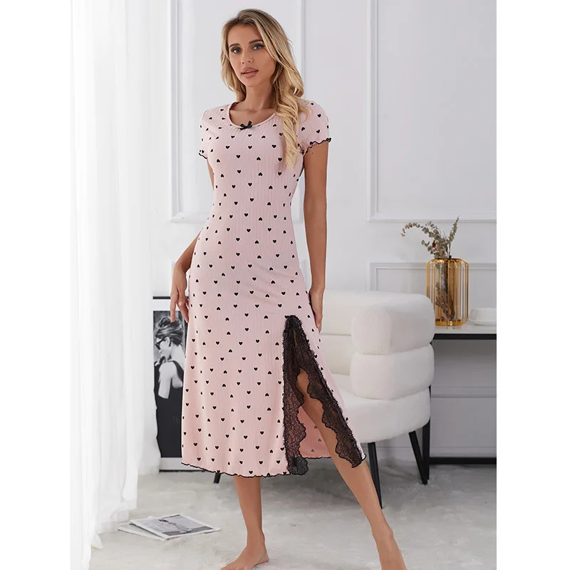 

hot sale stretch long nightgown women's splicing lace lace dress polka dot strip knitted cotton
