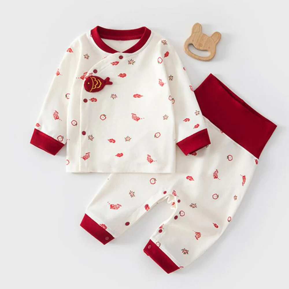 Chinese New Year Baby Outfit Combed Cotton Long Sleeve Tops Pants 2Pcs Spring Autumn Unisex Baby Clothing Sets For Boys Girls