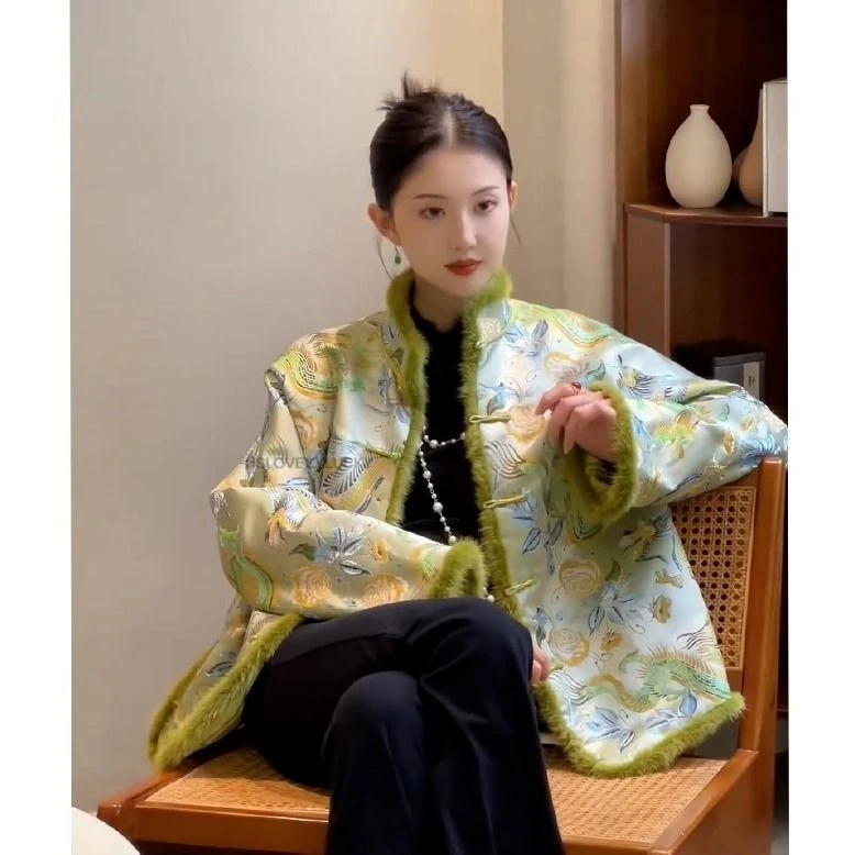 

New Chinese Style Winter Green Thicken Cotton Elegant Vintage Jacquard Temperament Women Coat Trendy Warm Tangsuits Coat