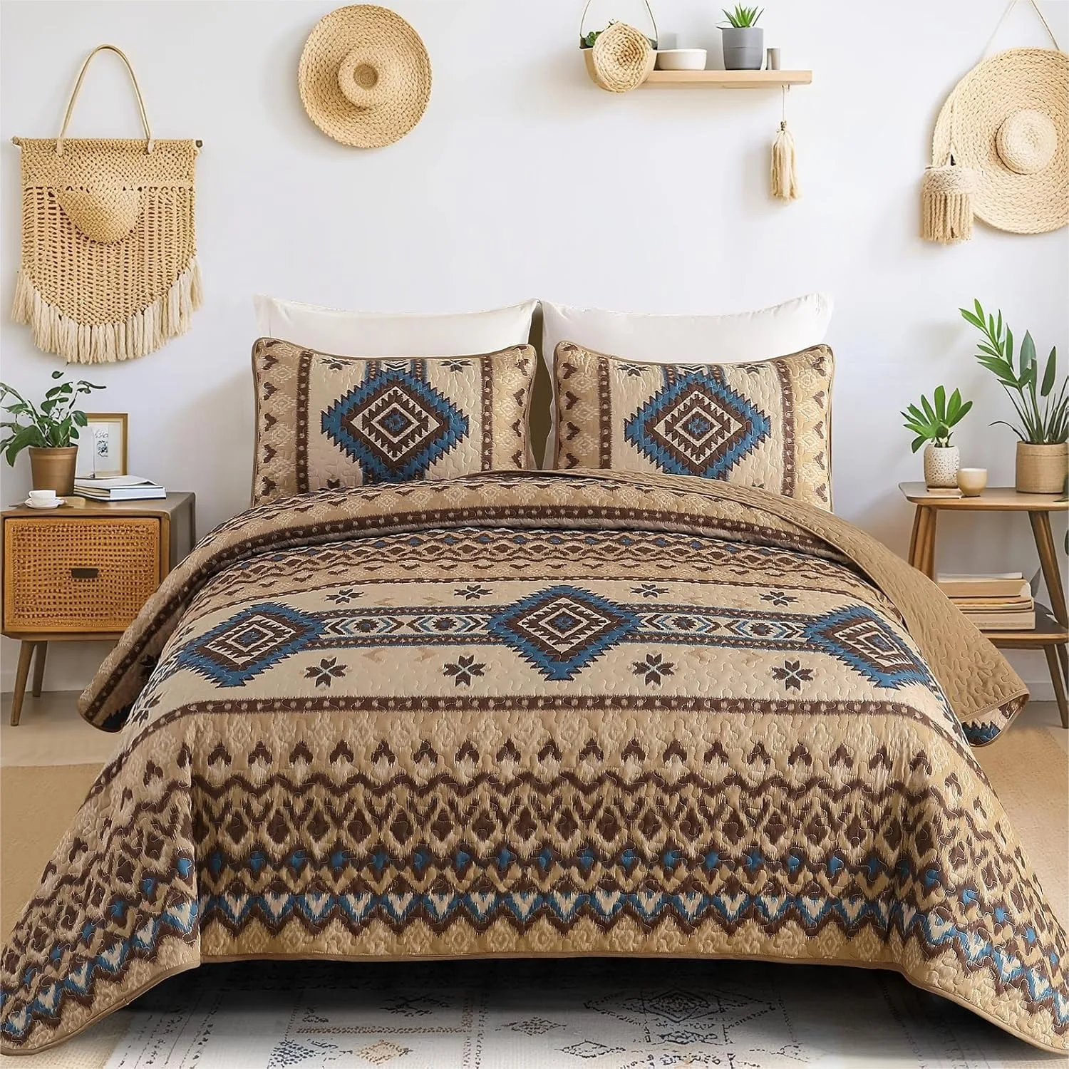 

Brown Boho Quilt Set Queen, 3 Pieces Aztec Texture Bedspread Southwestern Coverlet Soft Lightweight Bed Cover with 2 Pillowcases