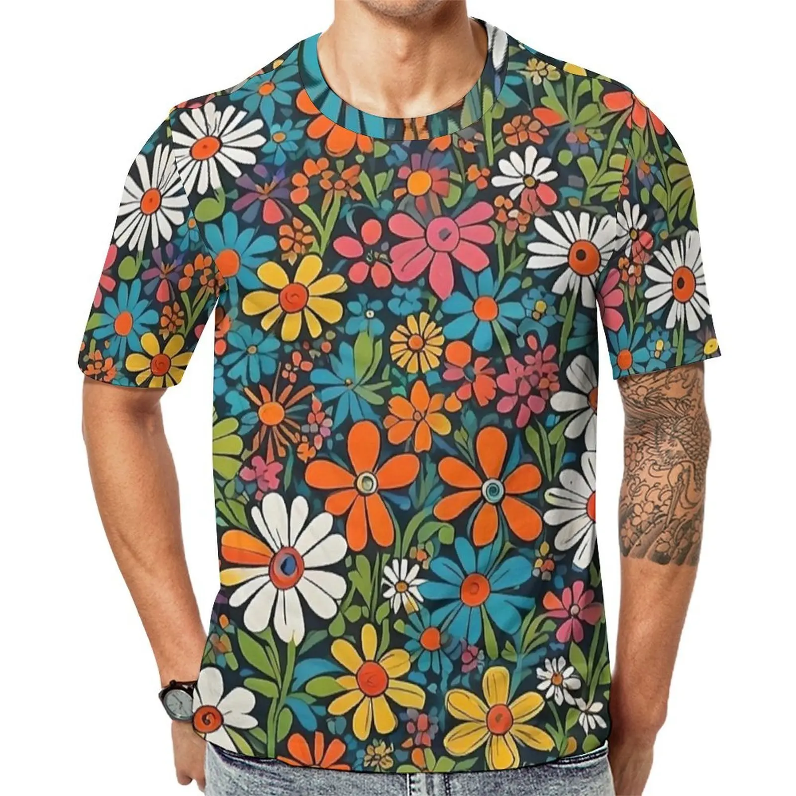 Plus Size T Shirt Summer Groovy Flower Garden Print T Shirts  Aesthetic O-Neck Tee Shirt Couple Hippie Graphic Clothes