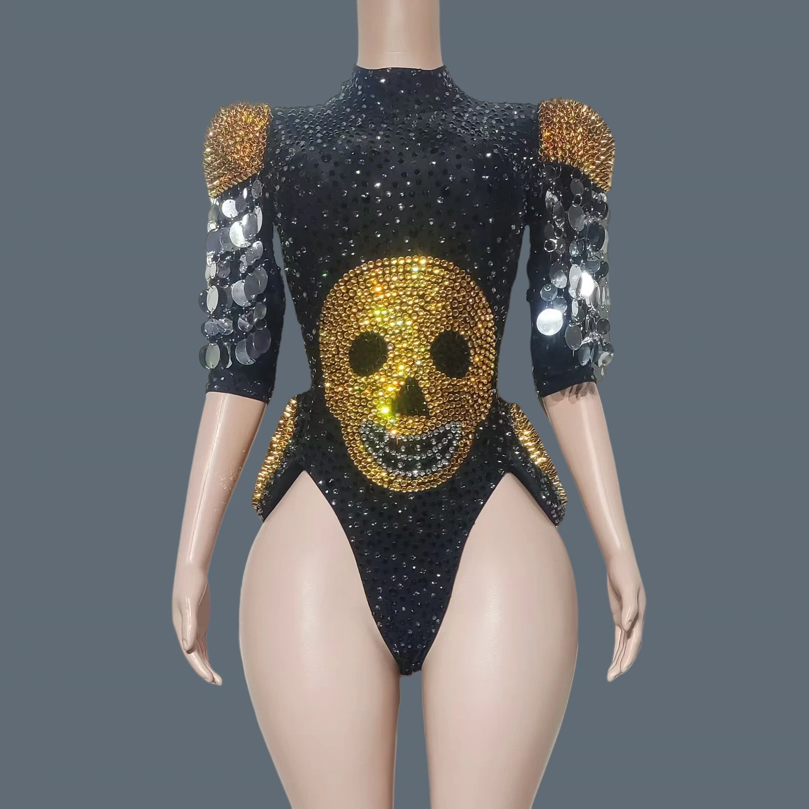 

Sparkly Golden Rhineston Skull Halloween Costumes Festival Celebrate Drag Queen Performer Sequins Wear Sexy Black Outfit Kujin