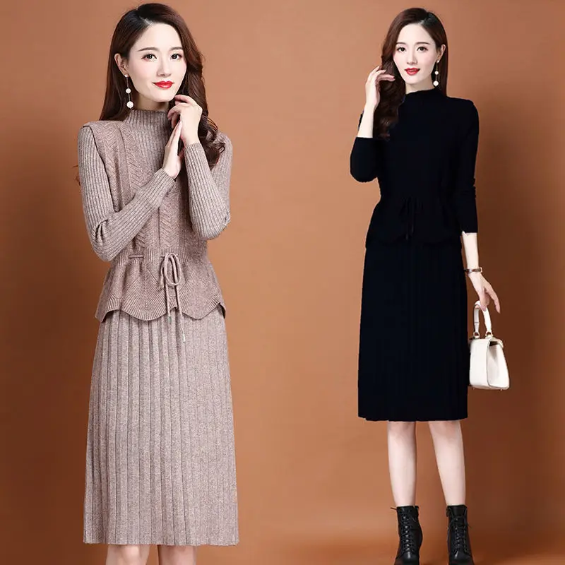 

Autumn Women's V-neck Knitted Vests and Long Sleeve Bodycon Casual Dress Ladies Elegant Fashion Dresses Two Piece Suits G418