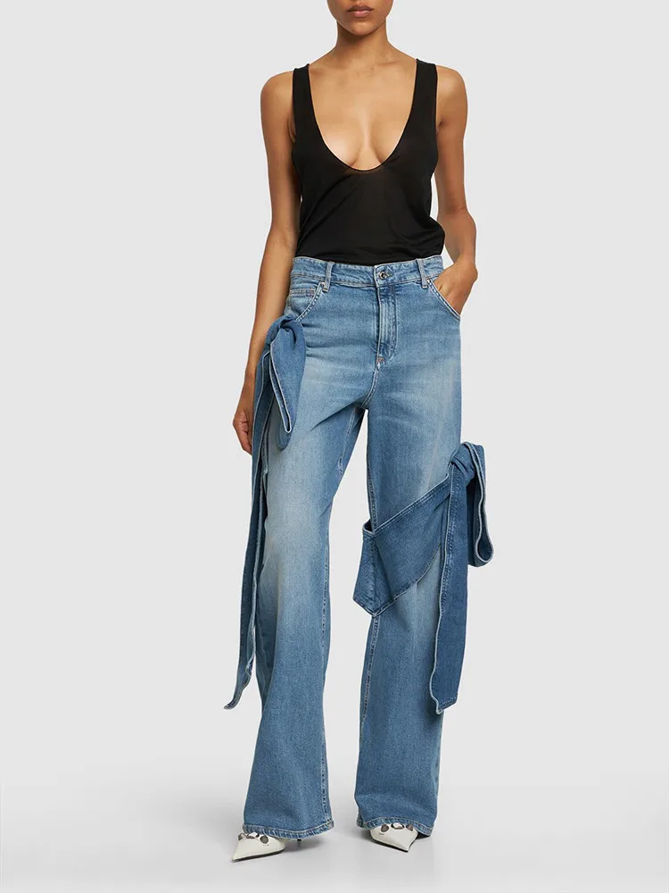 TWOTWINSTYLE Streetwear Patchwork Lace Up Denim Pant per le donne pantaloni a gamba larga firmati con bottoni impiombati a vita alta stile femminile