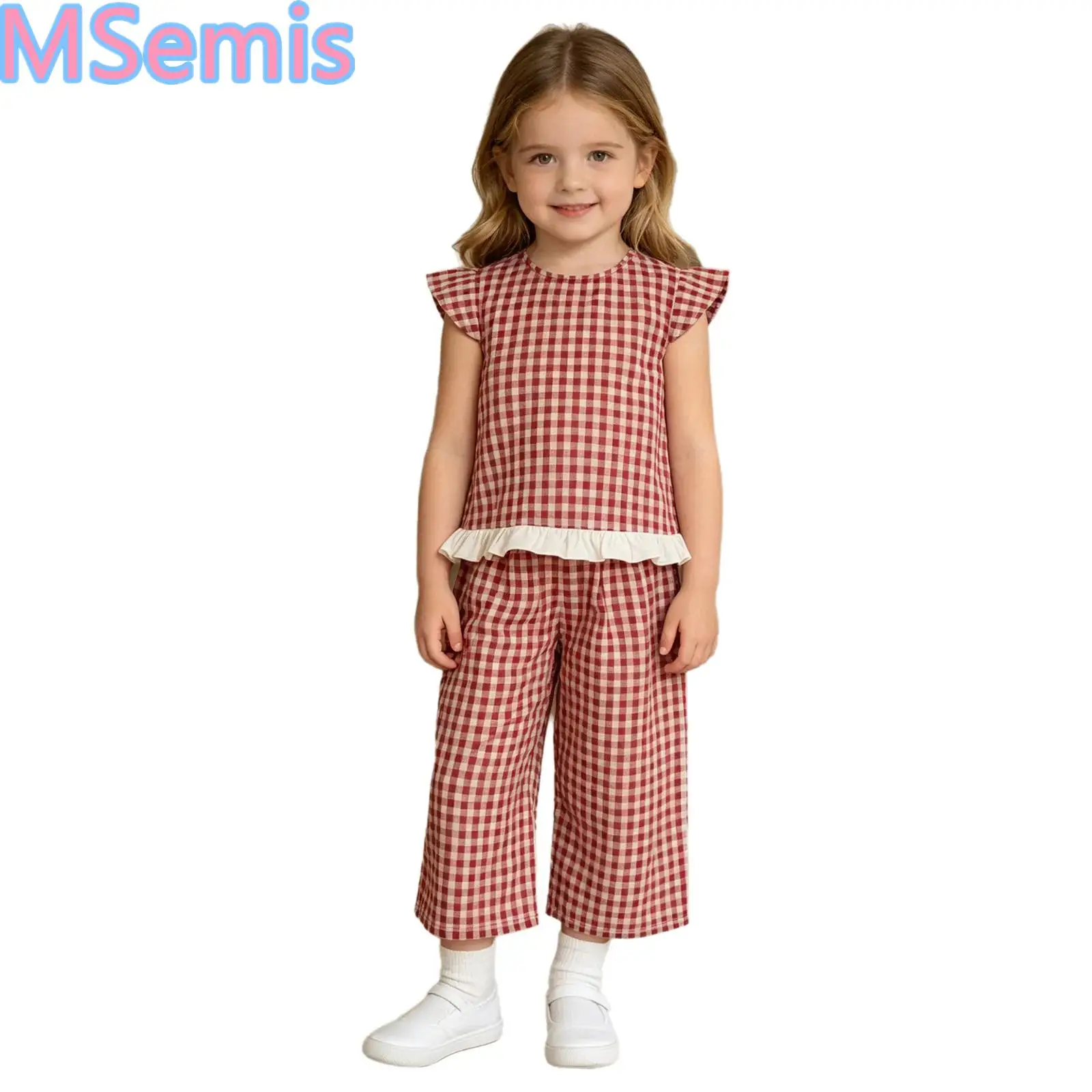 Kids Girls Casual Outfit Cap Sleeve Ruffled Hem Plaid Tank Top with Wide-leg Cropped Pants for Daily Life School Travel Vacation