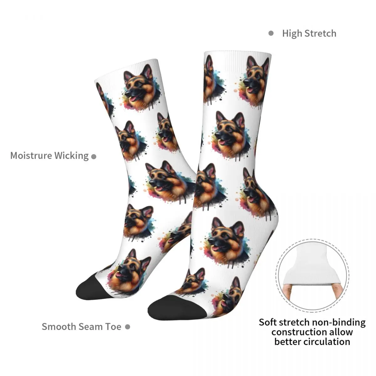 German Shepherd In Watercolor Socks Harajuku Sweat Absorbing Stockings All Season Long Socks for Man's Woman's Birthday Present