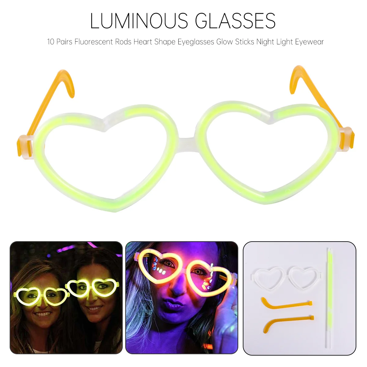 

10Pairs Heart Shape Glow Eyeglasses Fluorescent Rods Night Light Party Festival Supplies Glow Sticks Lightweight Portable